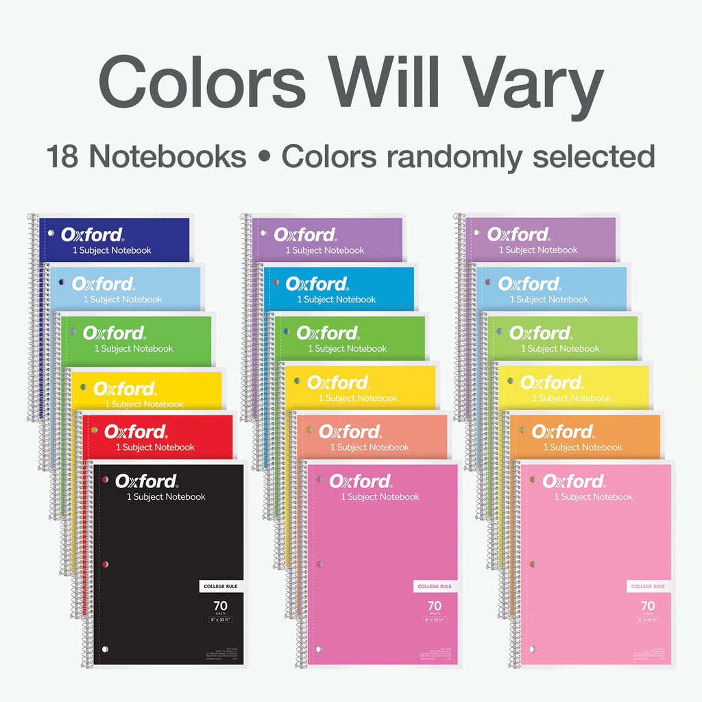 Oxford Spiral Notebooks, 18 Count Bulk Pack, 1 Subject, College Ruled Notebooks for School, 8 x 10.5 Inches, 70 Sheets, Assorted Colors, Back to School Supplies (65206)