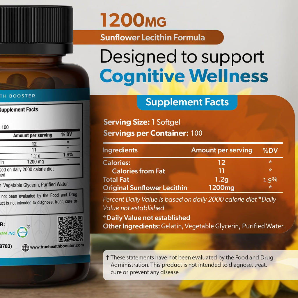 Organic Sunflower Lecithin 1200mg, Brain & Nervous System Support, 100CT