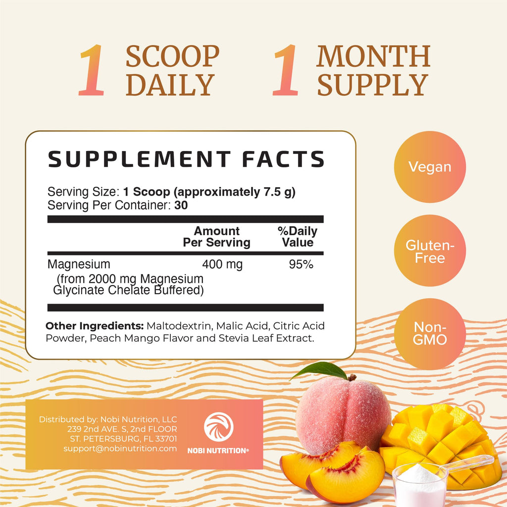Magnesium Glycinate Powder 400MG, Sleep & Relaxation Support, Sugar-Free | Tasty Peach Mango Flavor, High Absorption Chelated Magnesium Powder, Vegan, Gluten-Free, Non-GMO, 30 Servings, 225g (7.94oz)