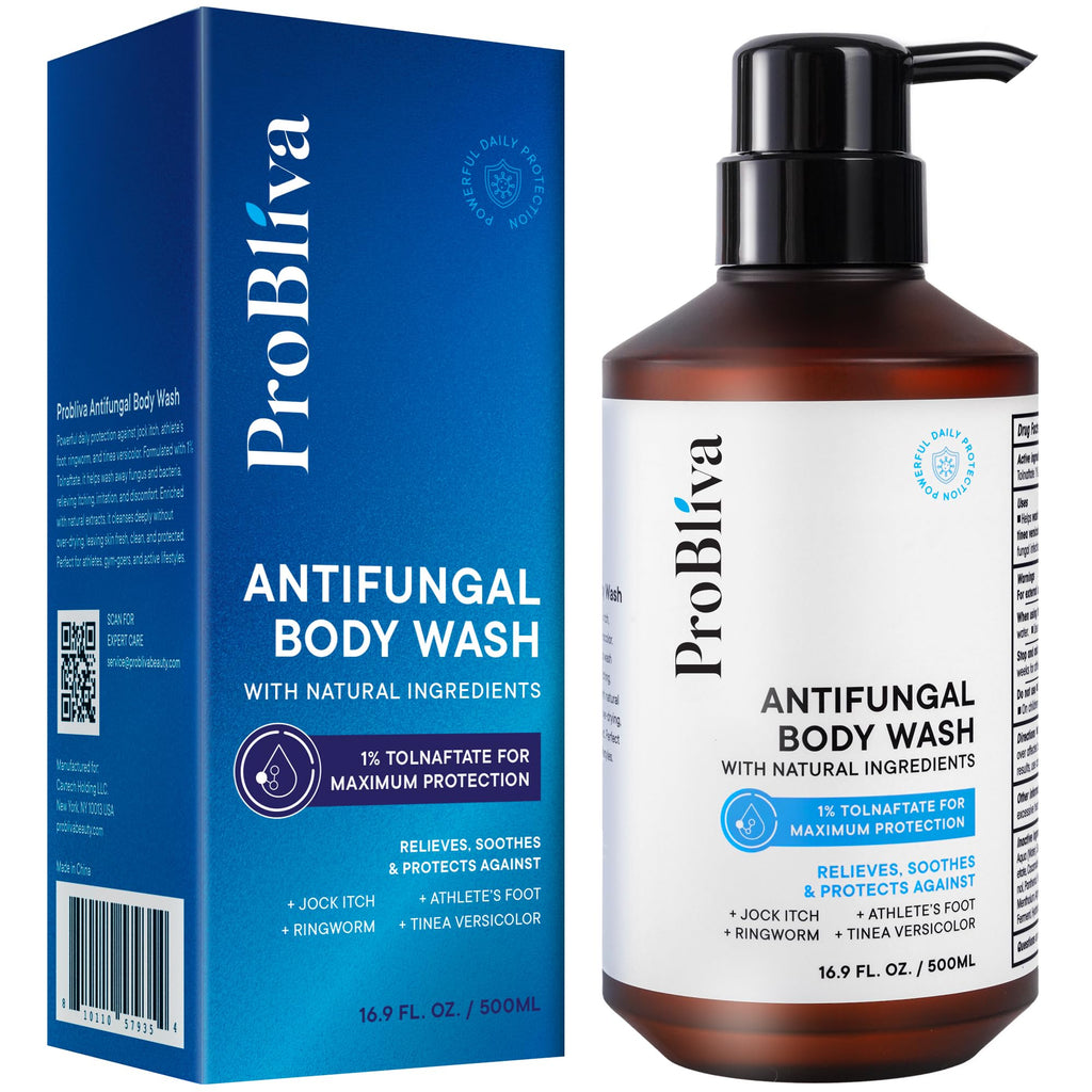 ProBliva Antifungal Body Wash Treatment Soap - Jock Itch, Ringworm, Back Acne, Tinea & Foot Odor – Skin Relief Cleanser Gel with Tea Tree Oil & Tolnaftate for Men and Women (with Brush Kit)