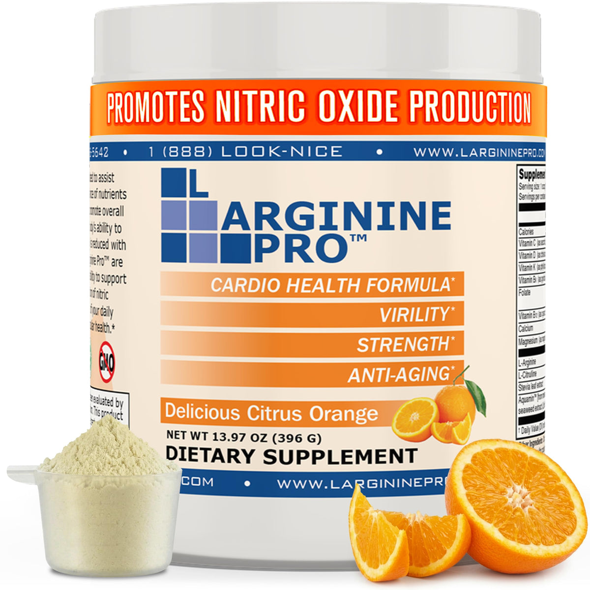 | 5,500mg L-Arginine Plus L-Citrulline 1,100mg Orange Powder Drink Mix Supplement for Increased Nitric Oxide Production