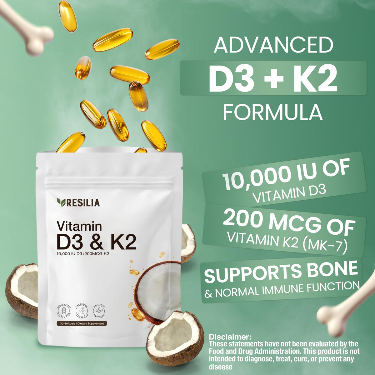 Resilia D3 K2 Vitamin 10000 IU + MK-7 200 mcg – High Potency Softgels with Coconut Oil for Maximum Absorption – Supports Bone Strength, Heart Health & Immune System – (30 Count)