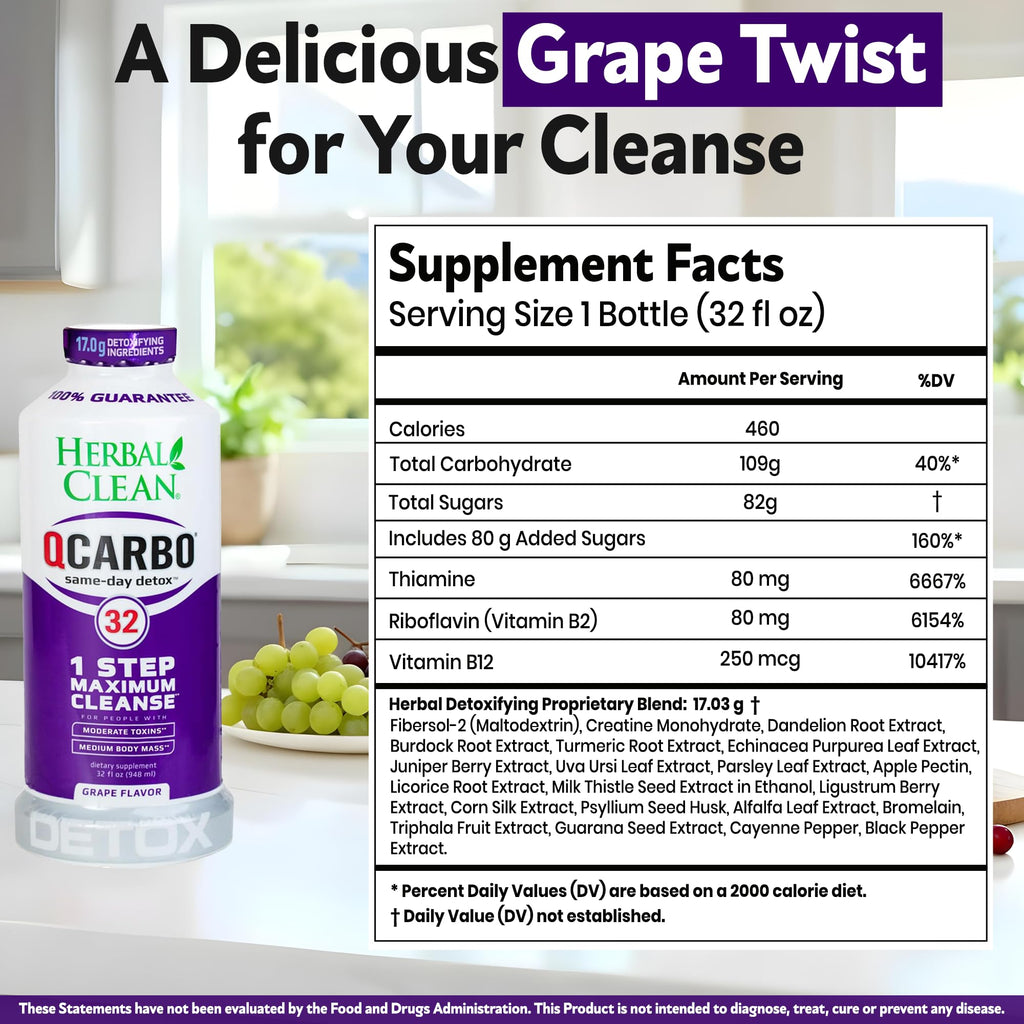 Herbal Clean Qcarbo32 Same Day Detox Cleanse Drink (32 fl oz) - Grape Flavor Full Body Cleanse* Detox Drink for Moderate Toxin Level*, Vitamin B2 and Vitamin B12 for Men & Women