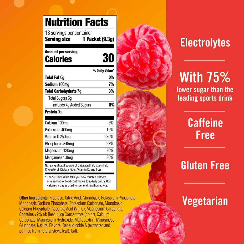 Emergen-C Hydration+ Vitamin C Sports Drink Mix, Raspberry, 18 Packets | Electrolytes for Hydration, 75% Less Sugar, Non-GMO, Vitamin C, Zinc and Manganese, Sports Formula