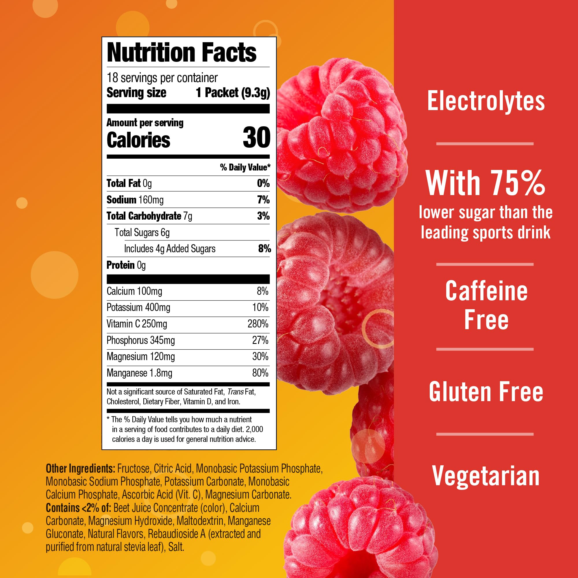 Emergen-C Hydration+ Vitamin C Sports Drink Mix, Raspberry, 18 Packets | Electrolytes for Hydration, 75% Less Sugar, Non-GMO, Vitamin C, Zinc and Manganese, Sports Formula