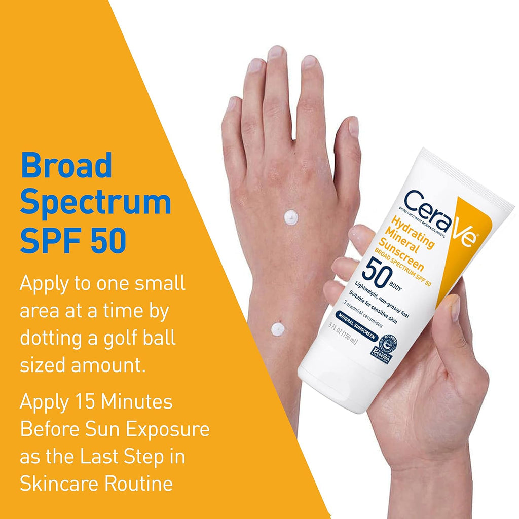 Buy now CeraVe 100% Mineral Sunscreen SPF 50 with Zinc Oxide & Titanium Dioxide, Hyaluronic Acid & Ceramides, Oil Free & Non-Greasy, Hydrating Mineral Sunscreen For Body, 5 oz at indiglob india