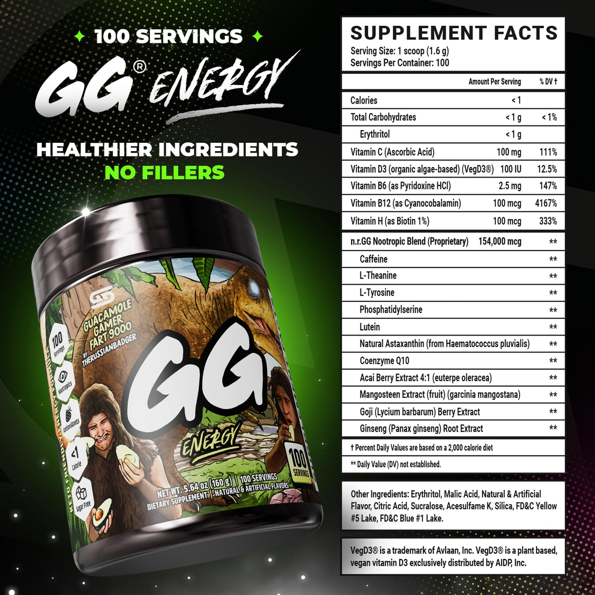 Gamer Supps GG Energy - Guacamole Gamer Fart 9000 by TheRussianBadger (100 Servings) - Keto Friendly Gaming Energy and Nootropic Blend, Sugar Free + Caffeine + Vitamins + Immune Support, Powder Drink