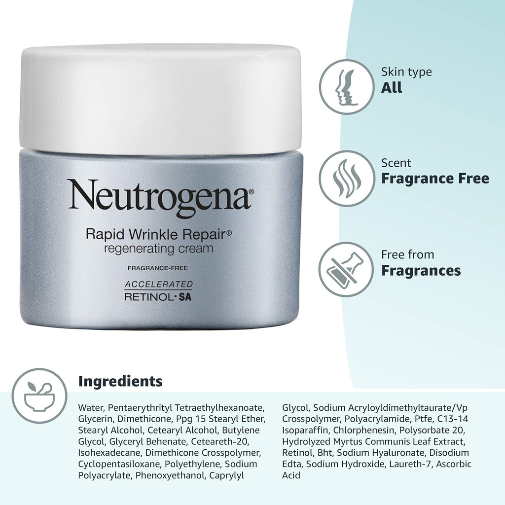 Buy now Neutrogena Rapid Wrinkle Repair Retinol Face Moisturizer, Fragrance Free, Daily Anti-Aging Face Cream with Retinol & Hyaluronic Acid to Fight Fine Lines, Wrinkles, & Dark Spots, 1.7 oz at indiglob india