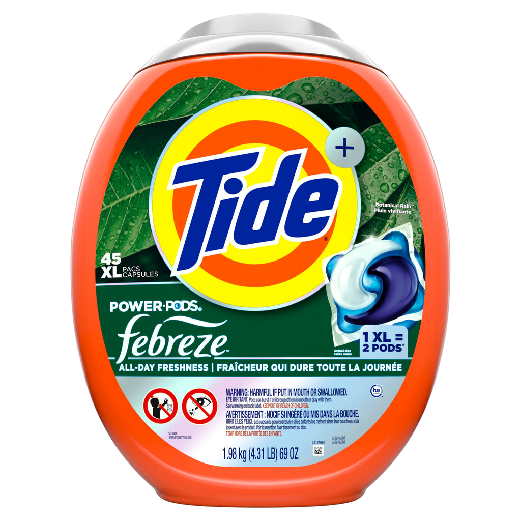 Buy now Tide Power Pods with Febreze Laundry Detergent Pacs, 45 Count, Botanical Rain Scent, All-Day Freshness at indiglob india
