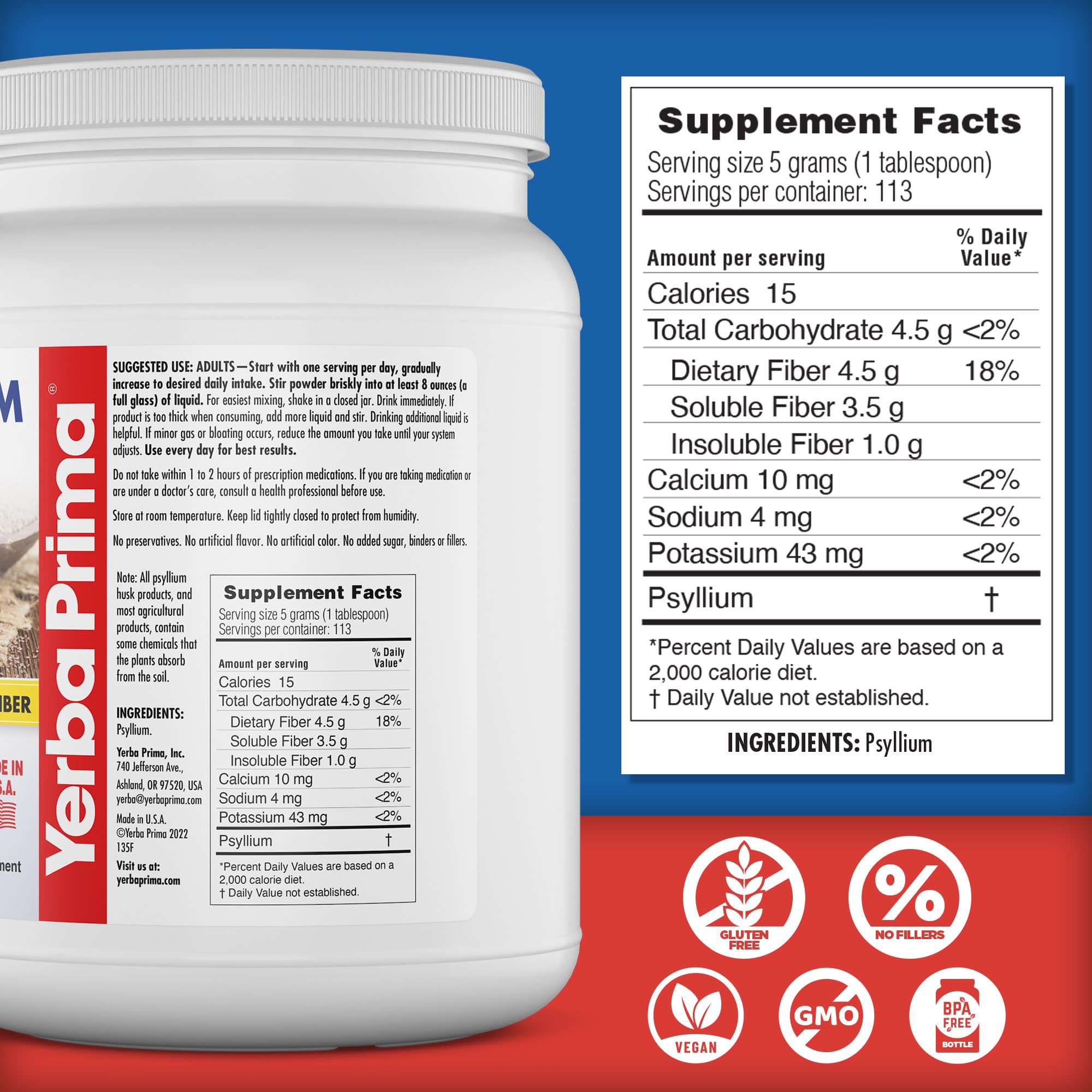 Yerba Prima Whole Psyllium Husk Fiber Supplement 20 oz (Pack of 2) - Vegan, Gluten Free, Non-GMO
