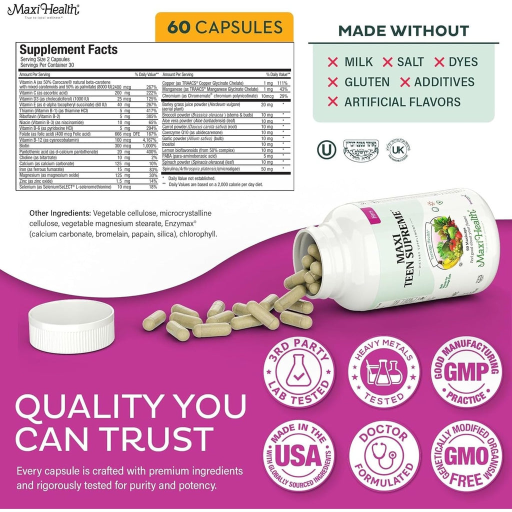 Maxi Health® Teen Vitamins for Girls 12-17, Teen Multivitamin (60 Count) | D3, Iron, Calcium, Biotin & Zinc | Skin, Immune & Mood Support | Kosher | Non-GMO | Doctor Formulated