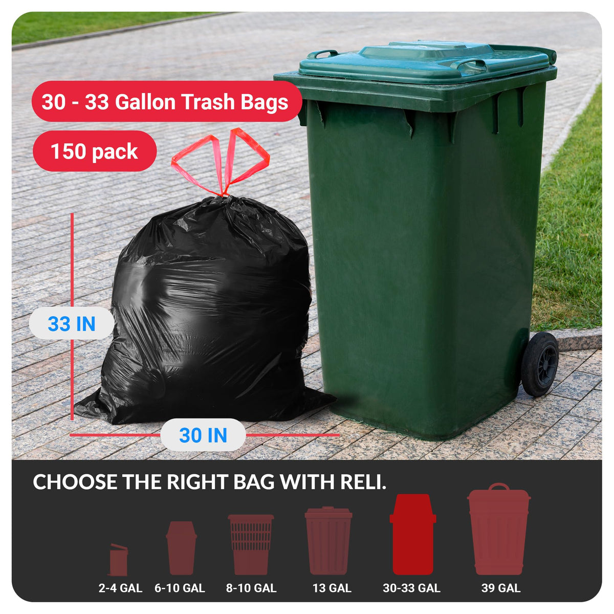 Reli. 30 Gallon Trash Bags Drawstring | 150 Count | Black | 30 Gallon Garbage Bags Heavy Duty | Large 30 Gal