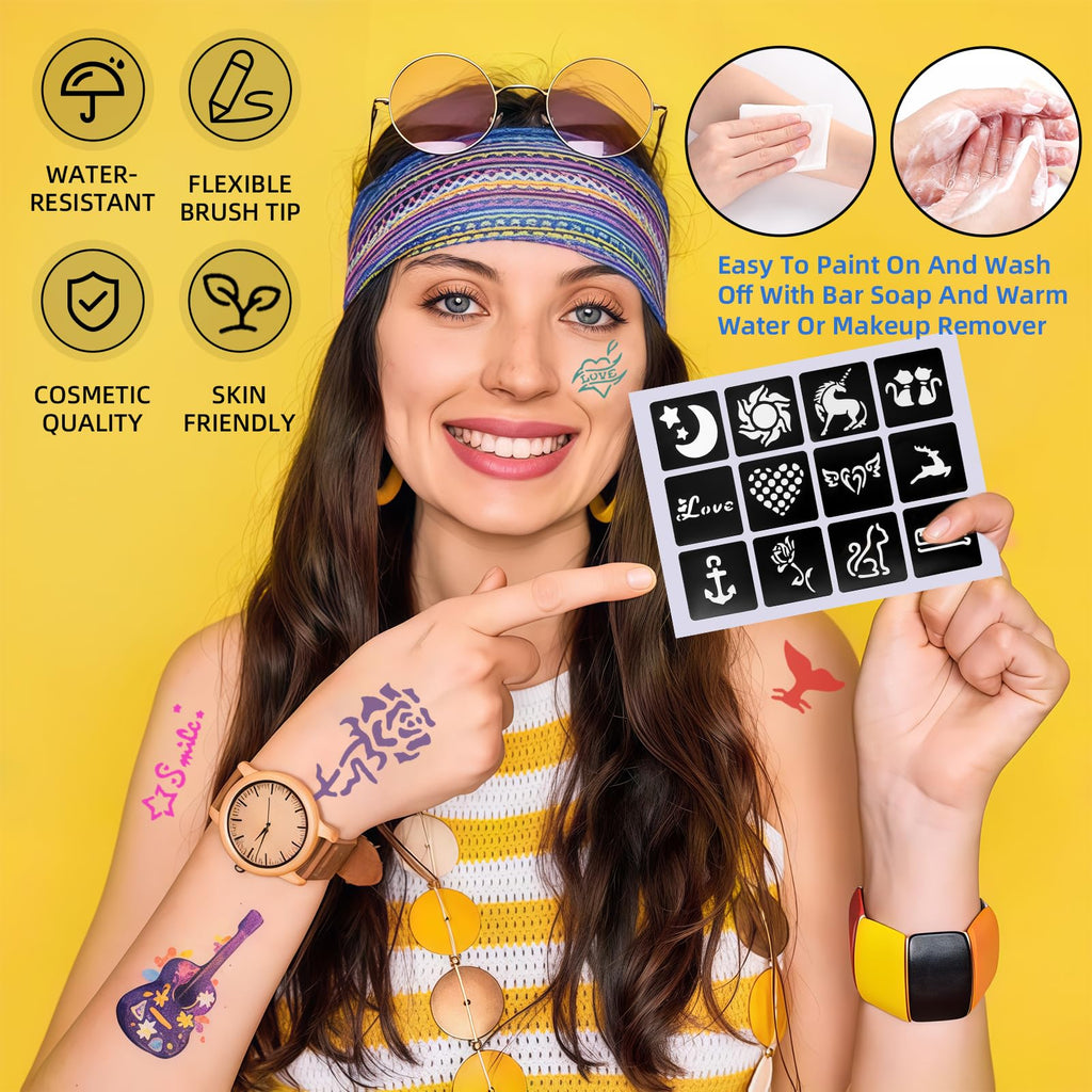 Suu66 Temporary Tattoo Markers Kit, Dual-End 16 Colors with 80 Stencils for Body Art | Skin-Safe, Washable, Cosmetic-Grade | for Kids & Adults