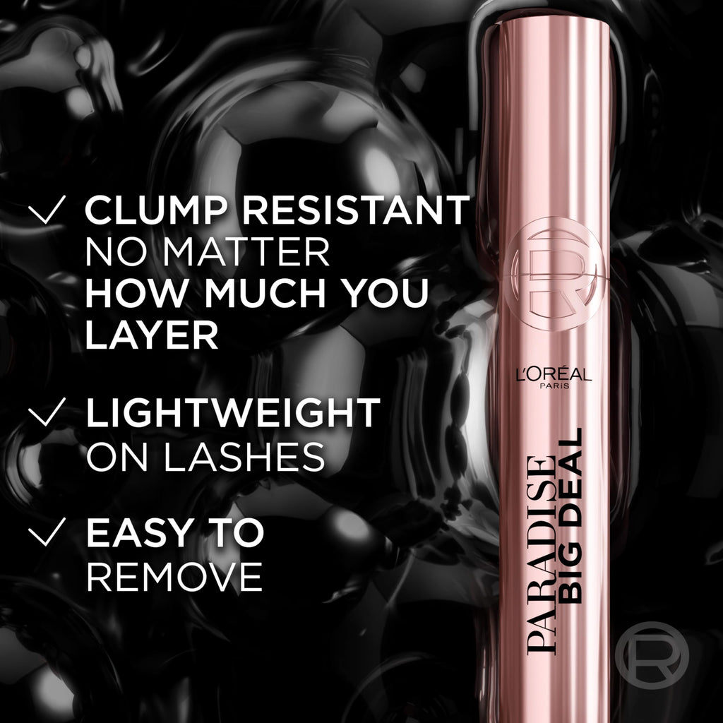 L'Oreal Paris Paradise Big Deal Mascara, Volumizing and Lengthening Formula, Buildable, Clump Resistant, Washable Blackest Black Mascara, 0.33 Fl Oz