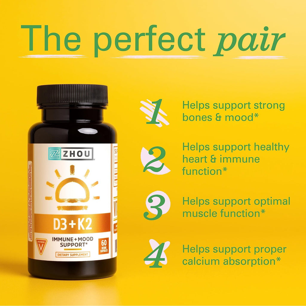 Zhou D3+K2 Supplement - 60 Veggie Capsules (Pack of 1) | Vitamin D3 K2 Supplement for Women & Men, Immune Support Vit D3 and K2 Supplements
