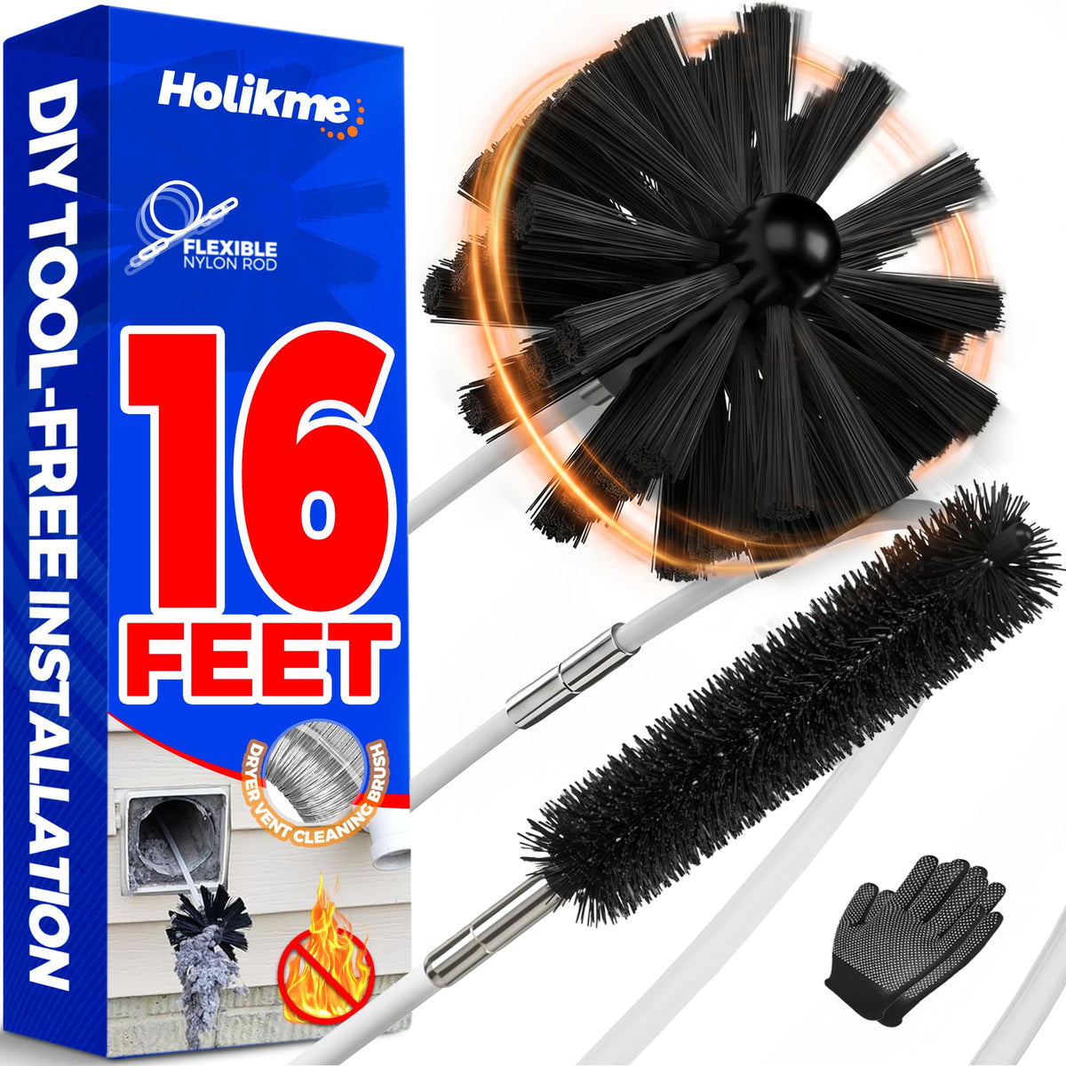 Holikme 16Ft Dryer Vent Cleaner Kit - Flexible Lint Brush for Deep Cleaning