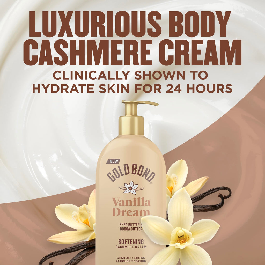 Gold Bond Softening Cashmere Cream Body Lotion, Vanilla Dream Scent, 24-Hour Hydration with Shea Butter and Cocoa Butter, 14 oz.