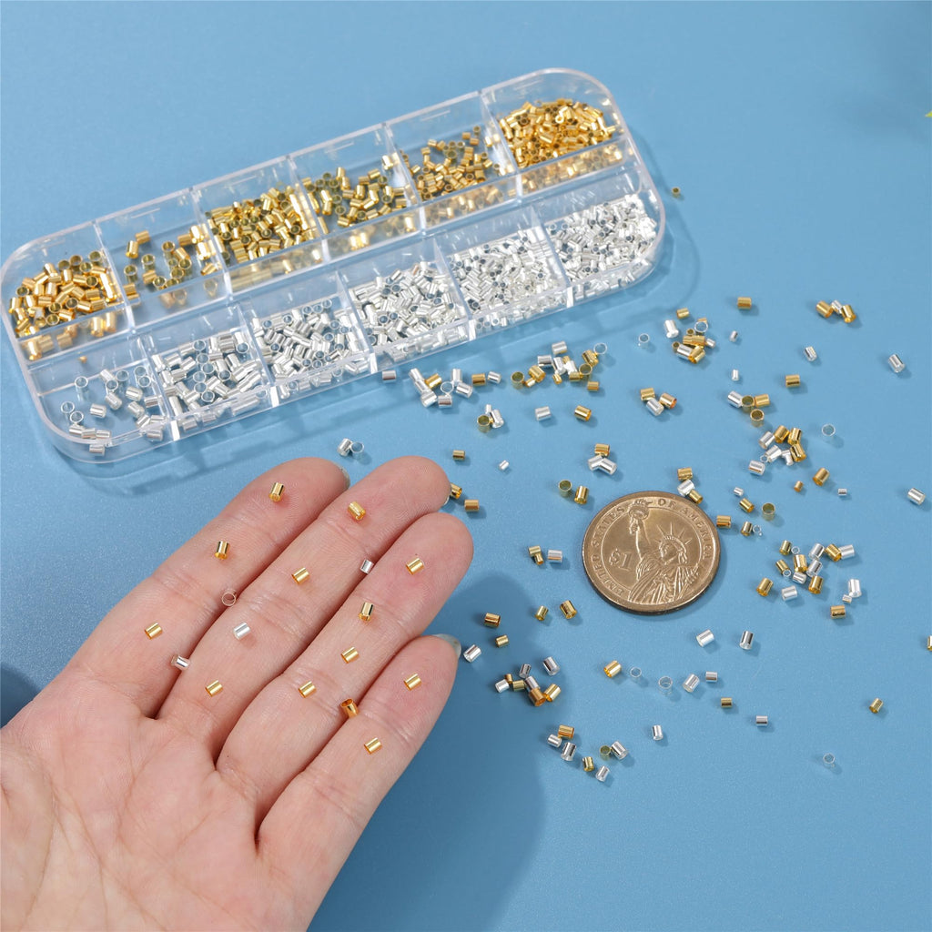 Hudinsun 1050 Pcs Silver and Gold Crimp Beads for Jewelry Making, 1.5mm 2mm 2.5mm Crimping Bead Stopper Crimp Tubes for Earring Necklace Pendant DIY Jewelry Making