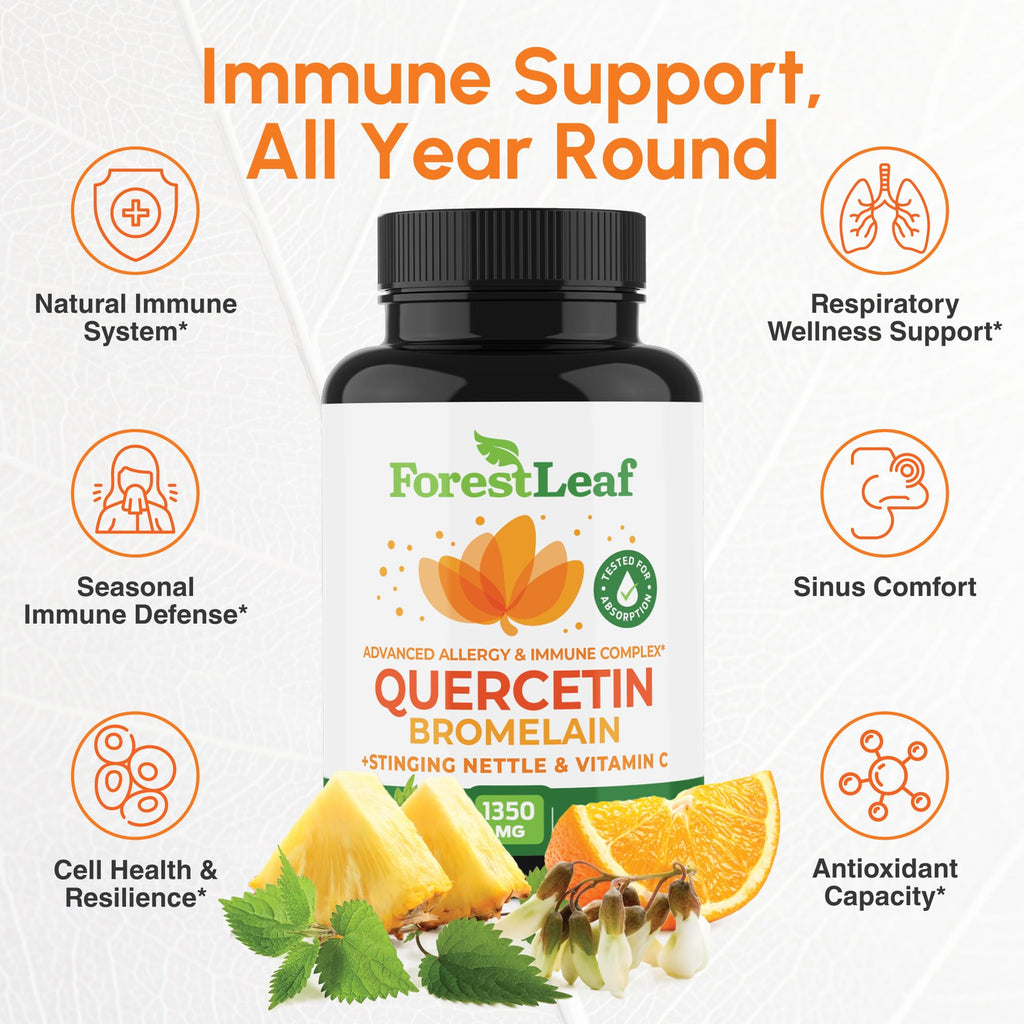 ForestLeaf Quercetin with Bromelain Supplement, 500mg Capsules, 90 Ct | 1350mg Quercetin Complex with Vitamin C, Stinging Nettle for Seasonal Wellness, Non-GMO, Gluten-Free, Vegetarian, Made in USA