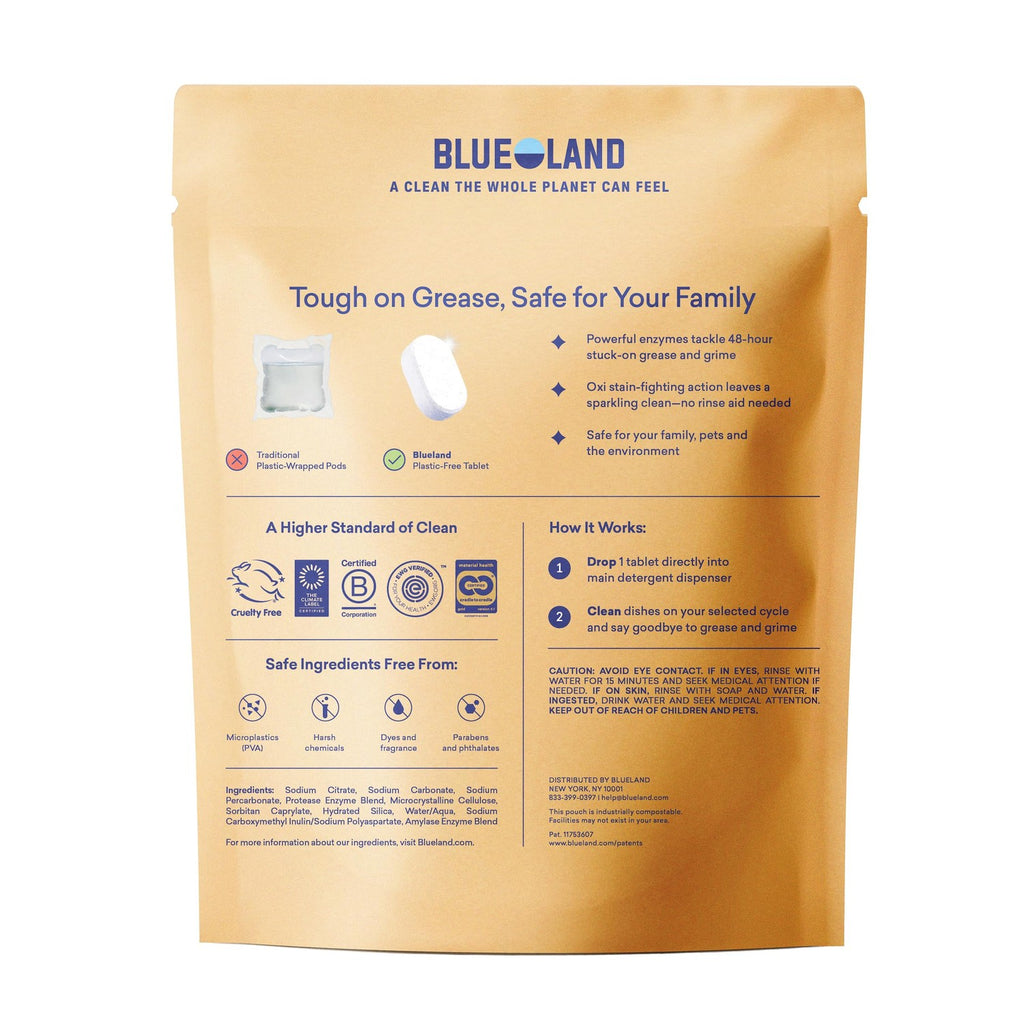Buy now BLUELAND 100% Plastic-Free Dishwasher Detergent Tablets, 36 Count, Free & Clear, Eco-Friendly Dishwashing Pods, Natural, USDA Certified biobased at indiglob india