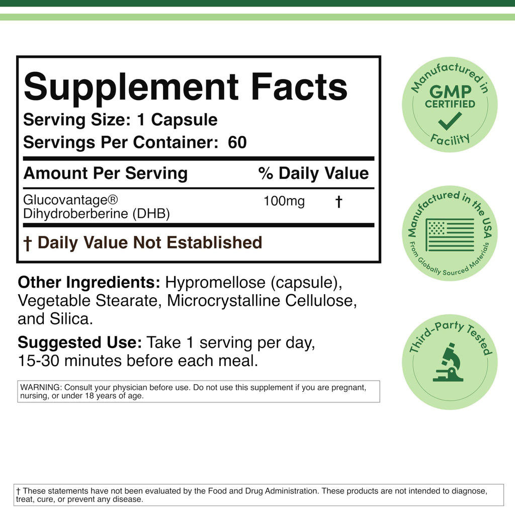 Dihydroberberine 100mg GlucoVantage, Metabolism, 60 Capsules | Metabolism Supplement, Gentler + Better-Absorbed Than Berberine, Patented GlucoVantage