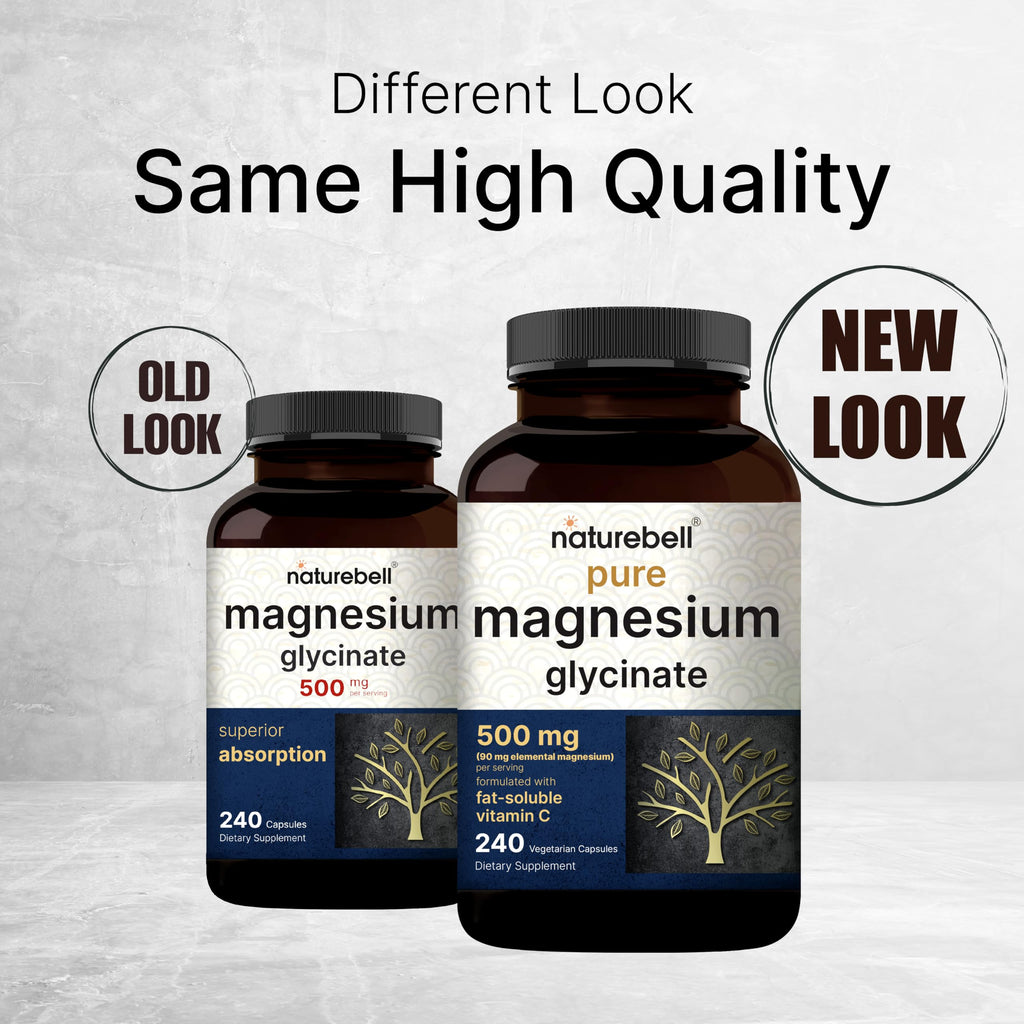 NatureBell Pure Magnesium Glycinate 500mg Per Serving, 240 Veggie Capsules | 100% Chelated & Purified Magnesium Supplement for Women & Men. 3rd Party Tested, Vegan Friendly, Non-GMO, Filler Free.