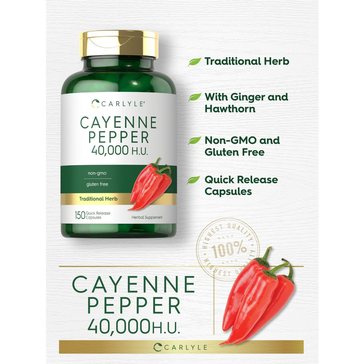 Carlyle Cayenne Pepper Capsules | 40,000 HU | 150 Count