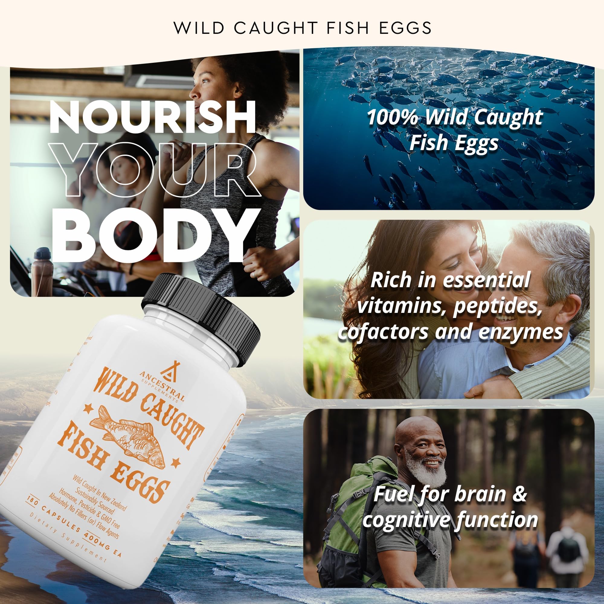 Ancestral Supplements Wild Caught Fish Eggs, Omega-3 Supplement, 180 Ct | 2400mg omega-3 fatty acids with EPA & DHA support brain, heart and fertility health, plus vitamin D, K2 and A.