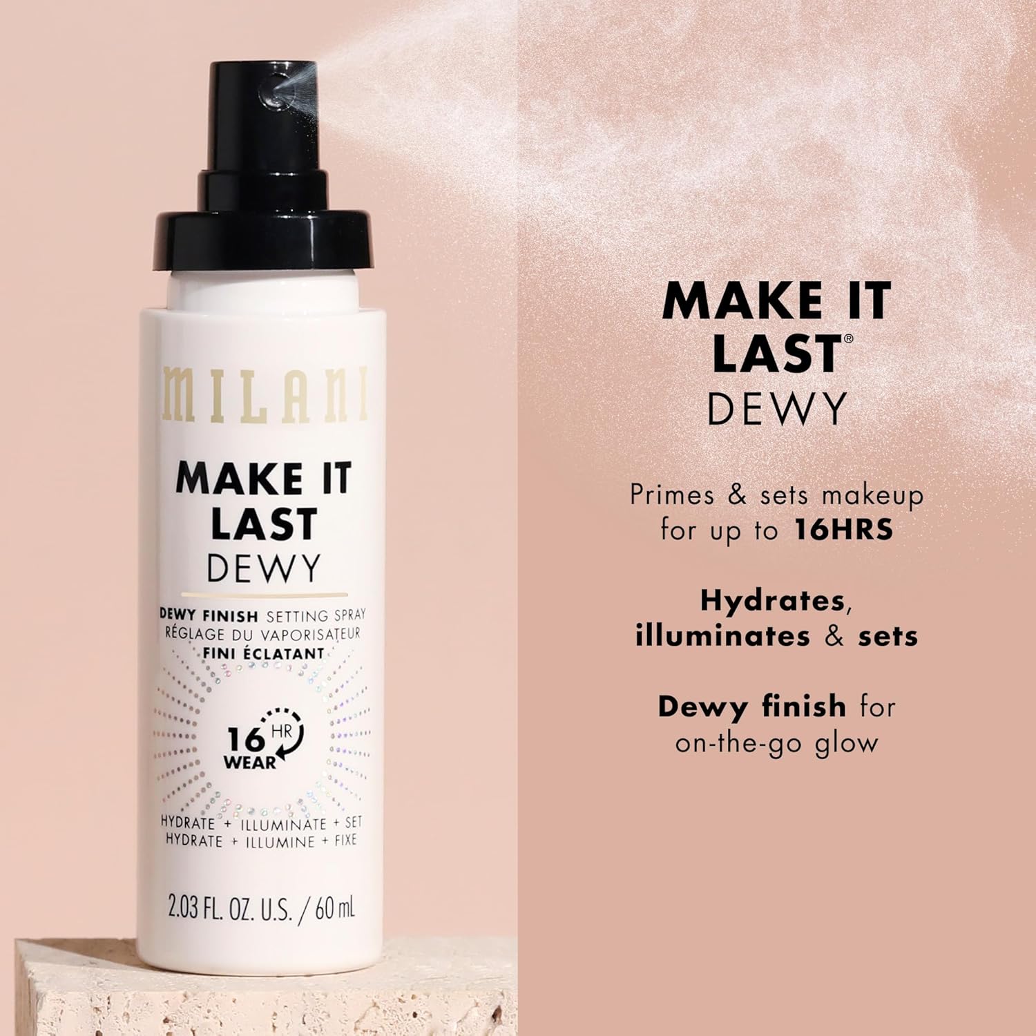 Buy now Milani Make It Dewy Setting Spray 3 in 1- Hydrate + Illuminate + Set (2.03 Fl. Oz.) Makeup Finishing Spray - Makeup Primer & Hydrating Setting Spray at indiglob india