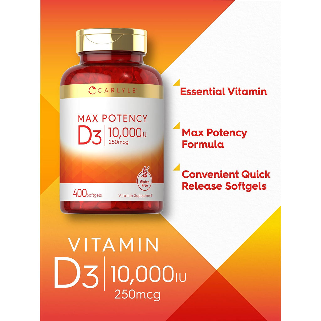 Carlyle Vitamin D3 10000 IU (250 mcg) | 400 Softgels | Value Size | Max Potency | Non-GMO, Gluten Free Supplement