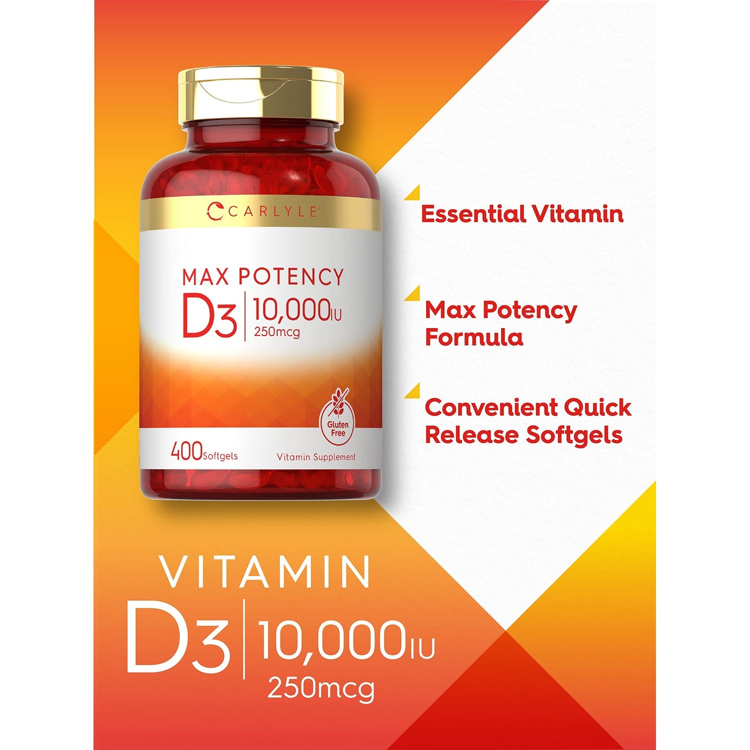 Carlyle Vitamin D3 10000 IU (250 mcg) | 400 Softgels | Value Size | Max Potency | Non-GMO, Gluten Free Supplement