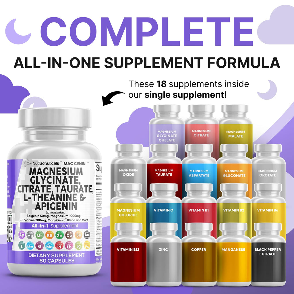 Clean Nutraceuticals Magnesium Glycinate Complex 1000mg with L-Theanine 200mg Apigenin 50mg Citrate Taurate Supplement (60 Count (Pack of 2))