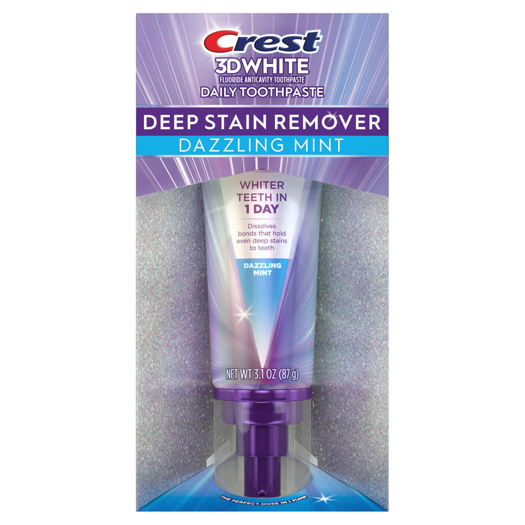 Crest 3DWhite Deep Stain Remover Dazzling Mint Toothpaste, 3.1 oz (Pack of 1), Whiter Teeth in 1 Day, Enamel Safe Fluoride Toothpaste for Fast Stain Removal and Prevention