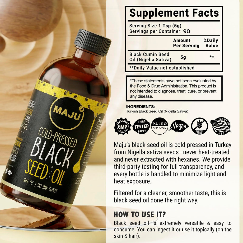 MAJU's Black Seed Oil 16oz: 2X Thymoquinone, Cold Pressed Turkish Black Cumin Nigella Sativa Seed Oil (Better Than Organic), Non-GMO, 100% Liquid Pure Blackseed, Glass Bottle