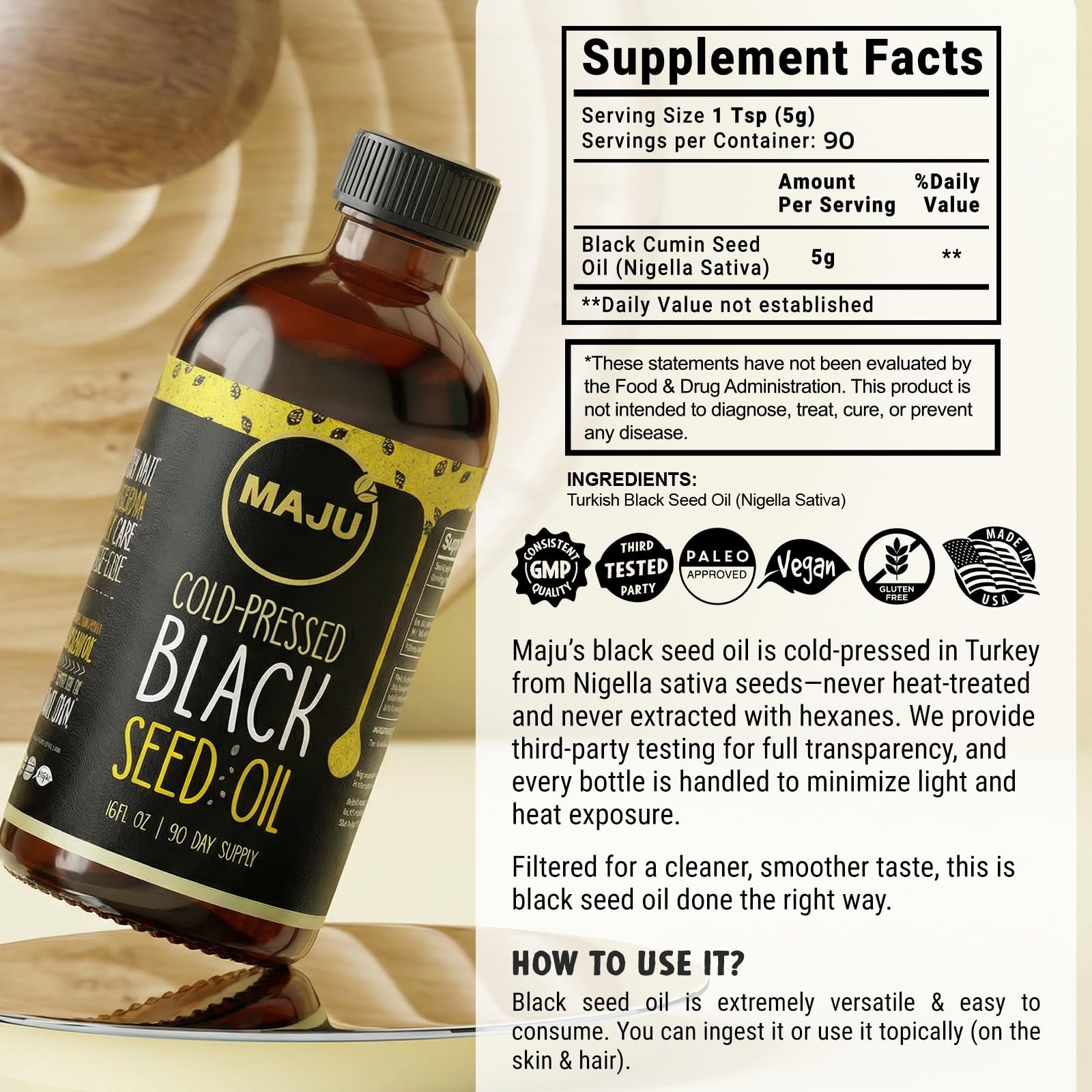 MAJU's Black Seed Oil 16oz: 2X Thymoquinone, Cold Pressed Turkish Black Cumin Nigella Sativa Seed Oil (Better Than Organic), Non-GMO, 100% Liquid Pure Blackseed, Glass Bottle