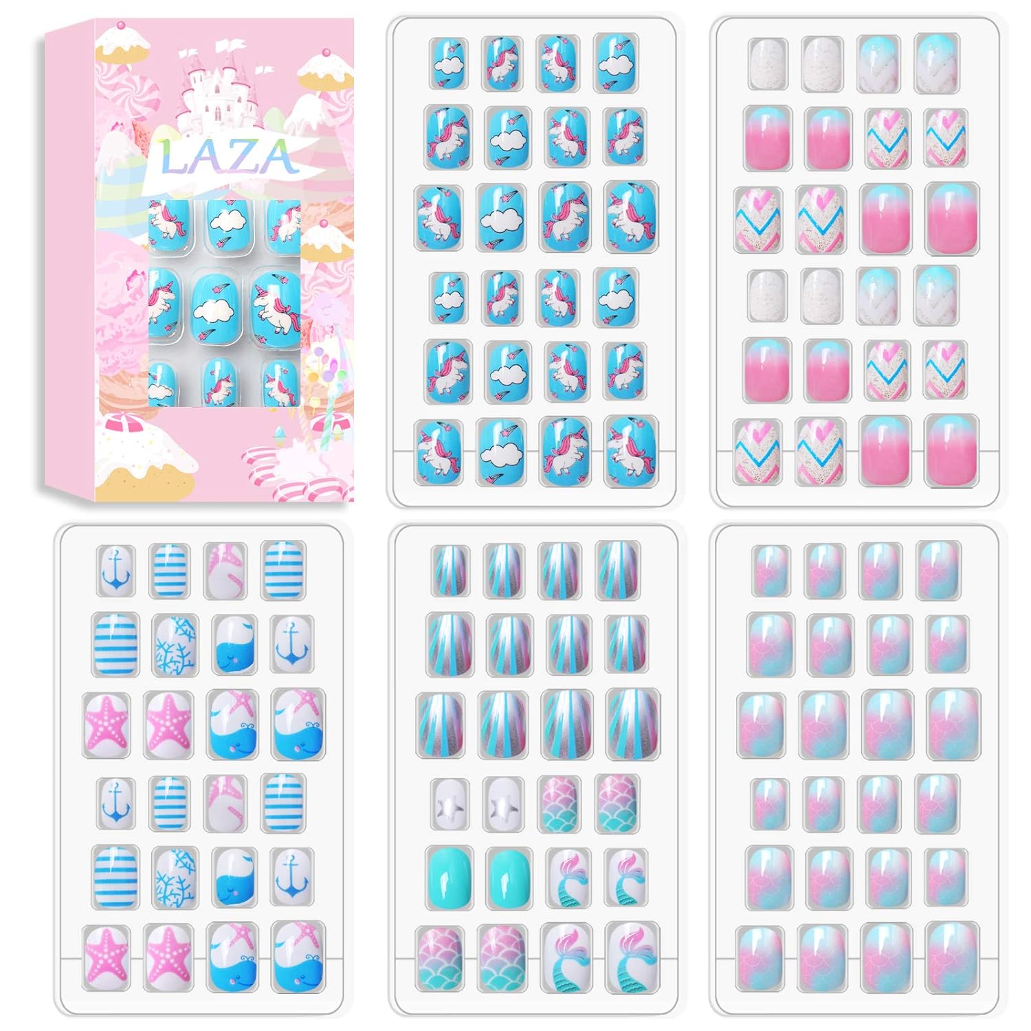 Buy now Laza 120pcs Children Nails Press On Pre-glue Full Cover Nail Tips Kit Glitter Gradient Color Rainbow Short Artificial False Nail Kits Lovely Christmas Gift for Children Kids Girls - Silver Pearl Ocean Seashell at indiglob india