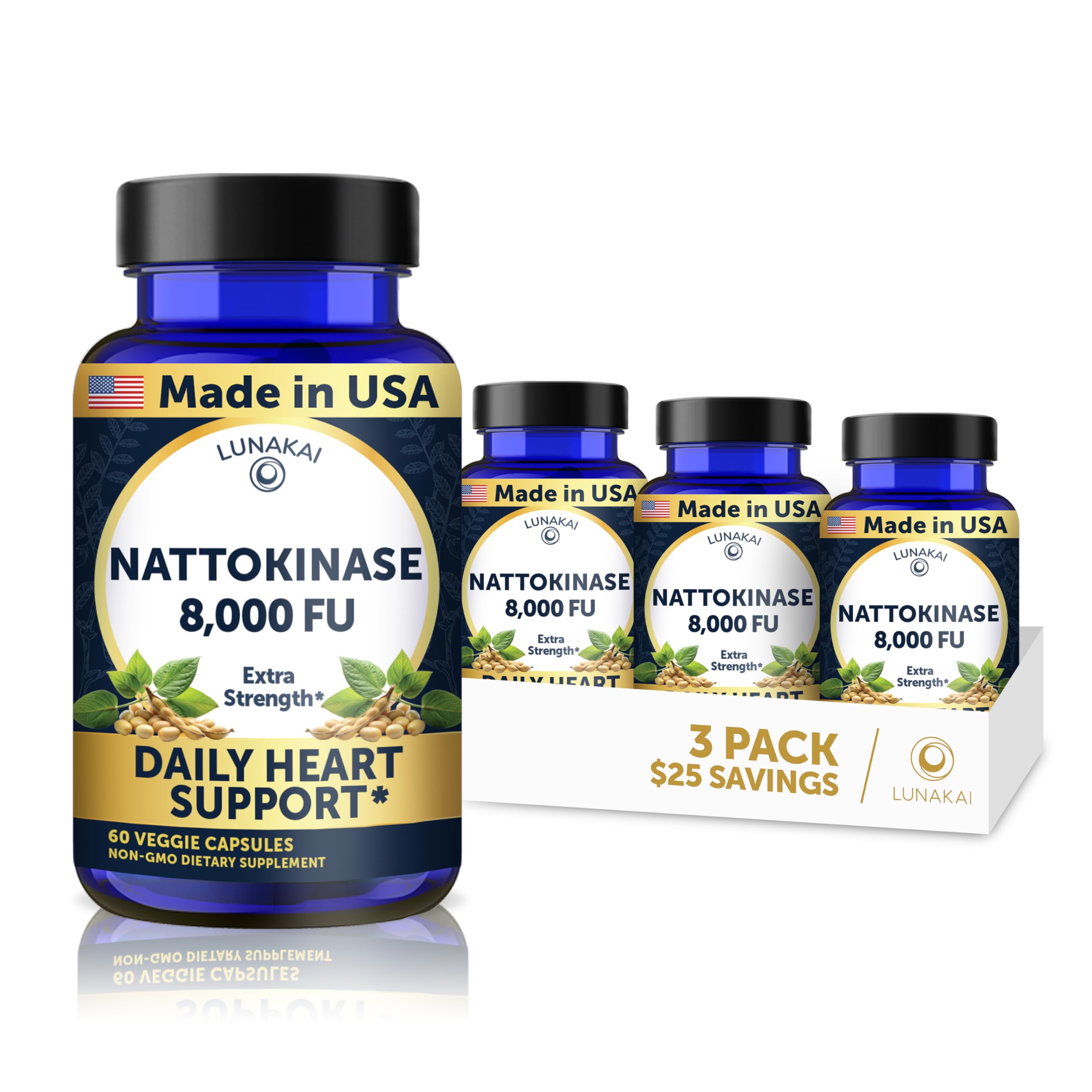 Lunakai USA Made Nattokinase Supplement – 400mg Natto Enzyme, 8000 FU per Serving – Heart & Circulation Support – Non-GMO, 60ct, 4000 FU Capsule
