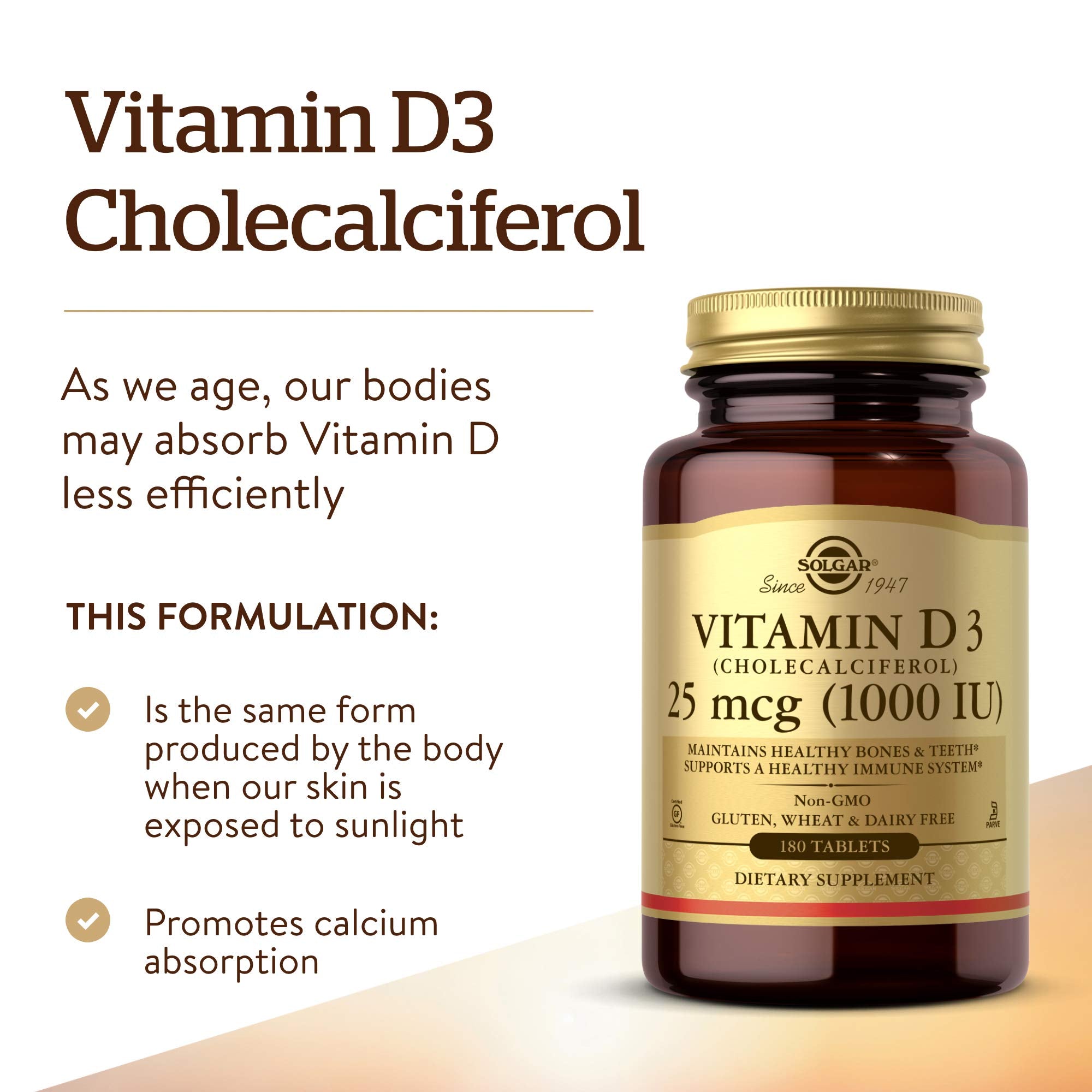 Solgar Vitamin D3 (Cholecalciferol) 25 MCG (1000 IU), 180 Servings | Helps Maintain Healthy Bones & Teeth - Immune System Support - Non-GMO, Gluten Free, Dairy Free, Kosher