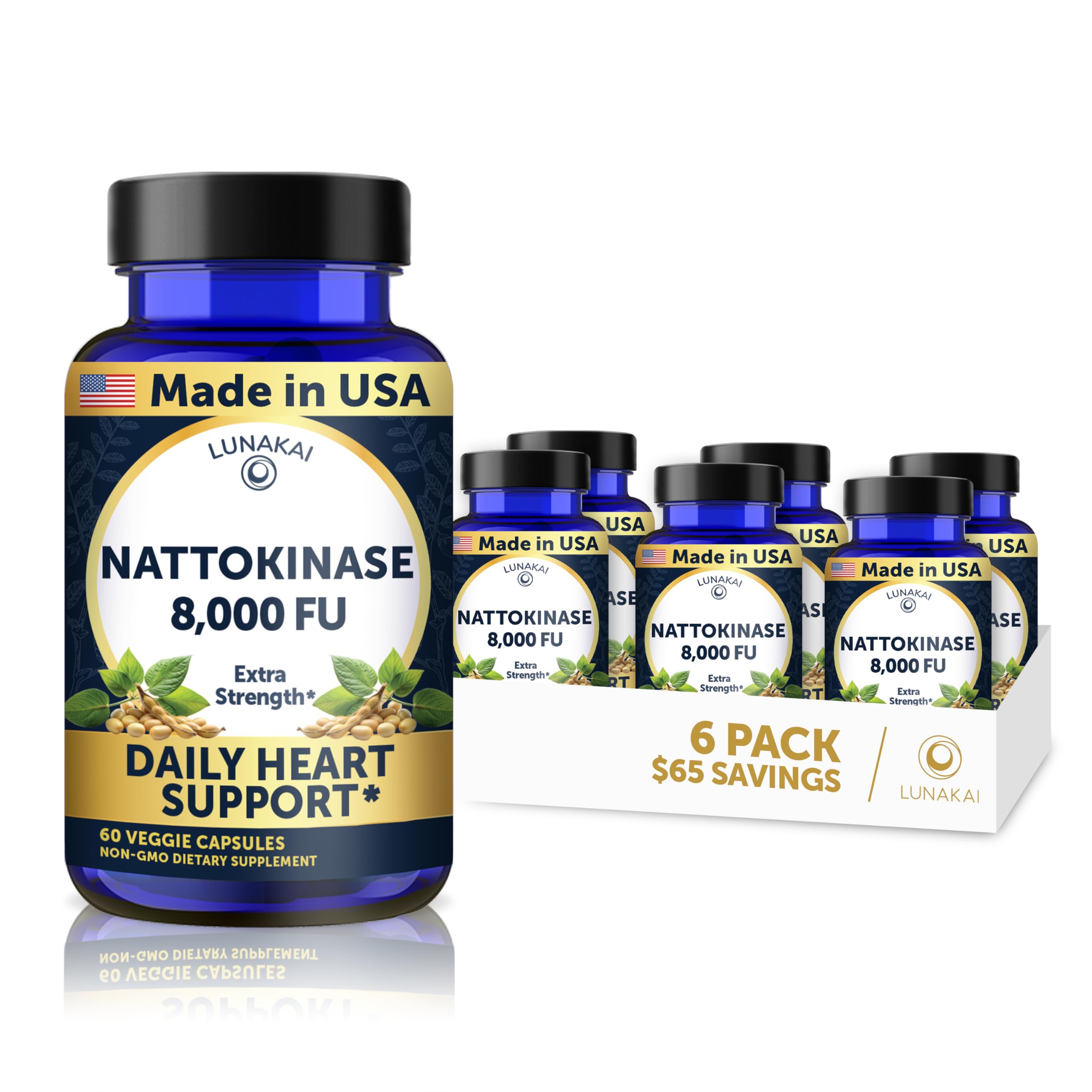 Lunakai USA Made Nattokinase Supplement – 400mg Natto Enzyme, 8000 FU per Serving – Heart & Circulation Support – Non-GMO, 60ct, 4000 FU Capsule