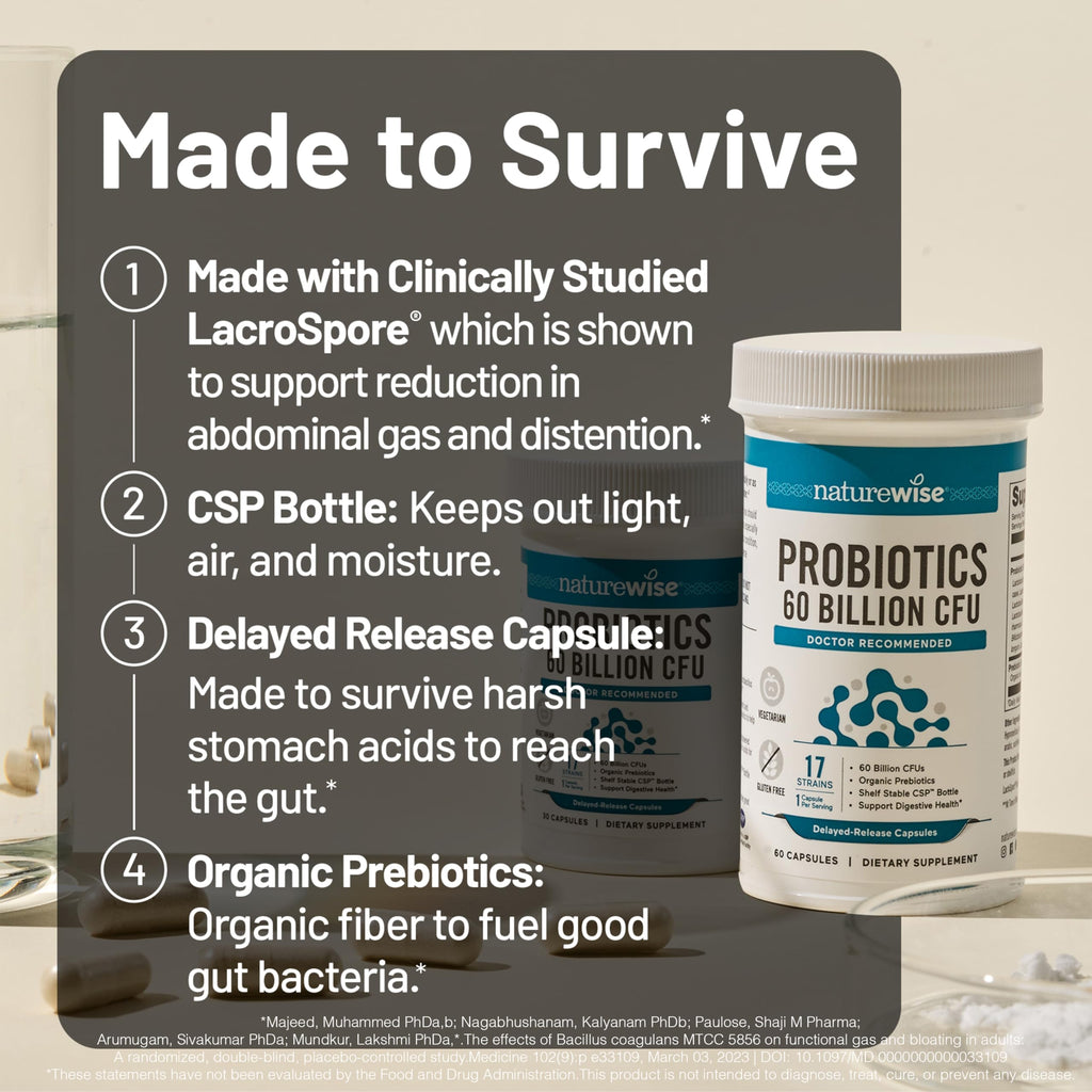 NatureWise Probiotics 60 Billion CFU - 17 Strains + Organic Prebiotics - Immune, Digestive & Gut Health Support for Women & Men - Vegetarian, Gluten-Free, Non-GMO - 60 Capsules[2-Month Supply]