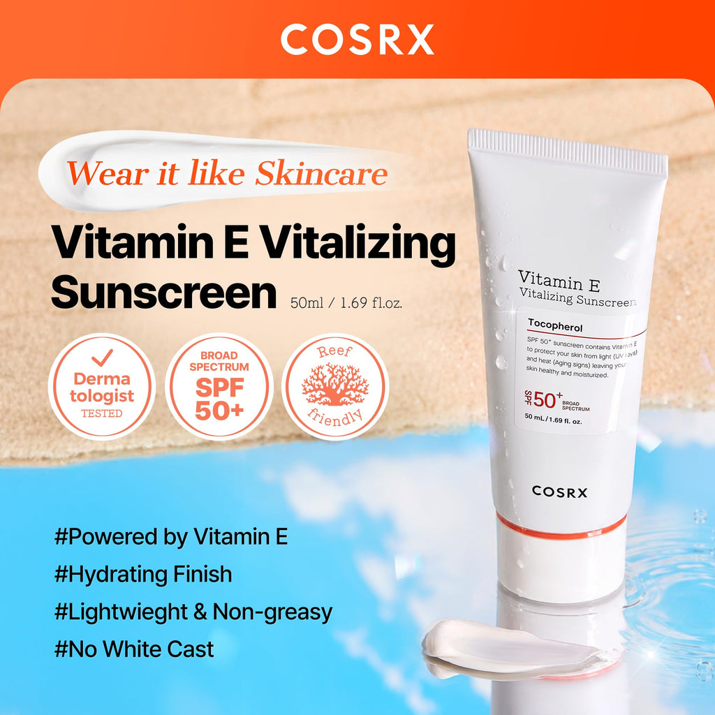 COSRX Vitamin E Sunscreen SPF 50, Natural Glow, for Oily Skin, 1.69 fl oz | Hydrating Face Sunscreen, Lightweight, Non-Sticky, No White Cast, Beach Essentials, Travel Essentials, Korean Skincare