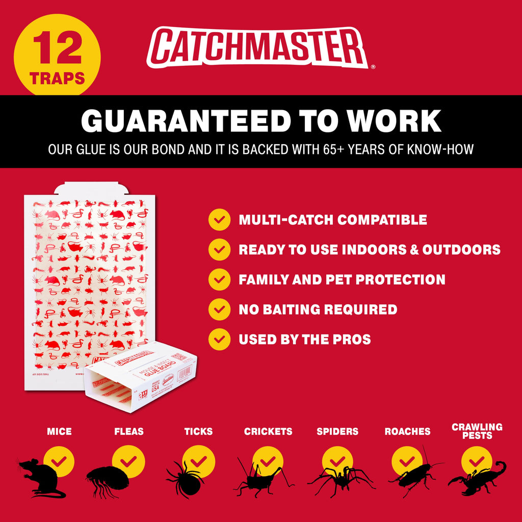Catchmaster Extra Sticky Insect & Mouse Traps 12-Count, 5.3"x8" Glue Boards for Mice & Insects, Ultra Sticky Rat & MouseTraps Indoor for Home Use in Garages, Basements & Attics, Pest Control for Home