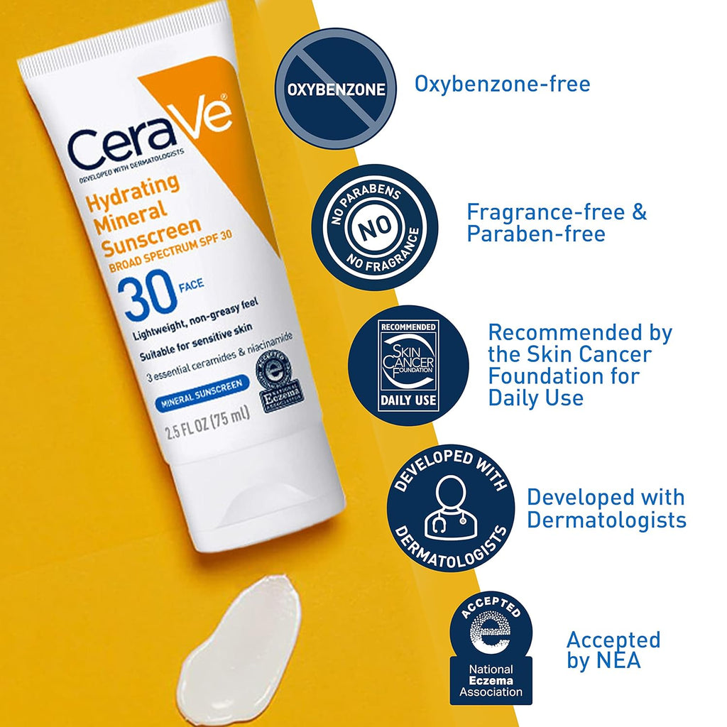 Buy now CeraVe 100% Mineral Sunscreen SPF 30, Face sunscreen With Zinc Oxide & Titanium Dioxide, Hyaluronic Acid + Niacinamide + Ceramides, Oil Free, Travel Size 2.5 oz at indiglob india