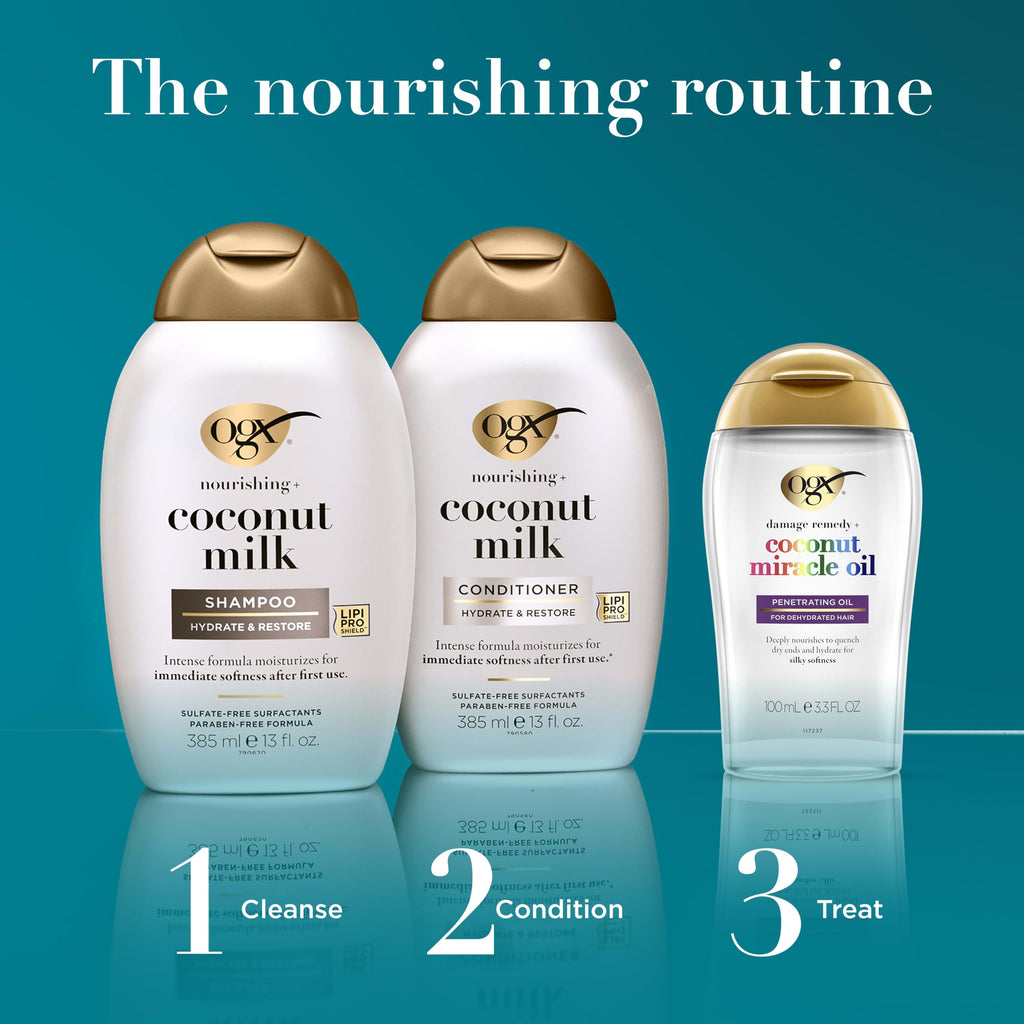OGX Nourishing + Coconut Milk Shampoo & Conditioner Set, 2 x 13 fl. oz | Hydrates & Softens Hair, Lipi Pro Shield Technology, Creamy Coconut Milk, White Peach & Shea Butter Scent