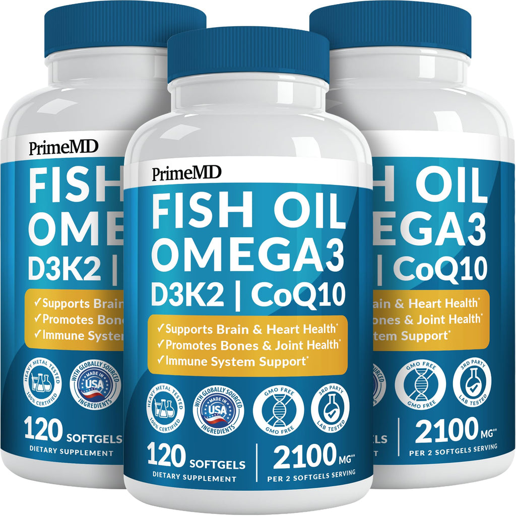 PrimeMD 4-in-1 Fish Oil Omega-3 with D3 K2 CoQ10, Lemon, 120 Softgels | Heart, Brain and Joint Support, Omega 3 with Vitamin D3, K2 and CoQ10, Lemon Flavored Softgels, Fish Oil Supplement