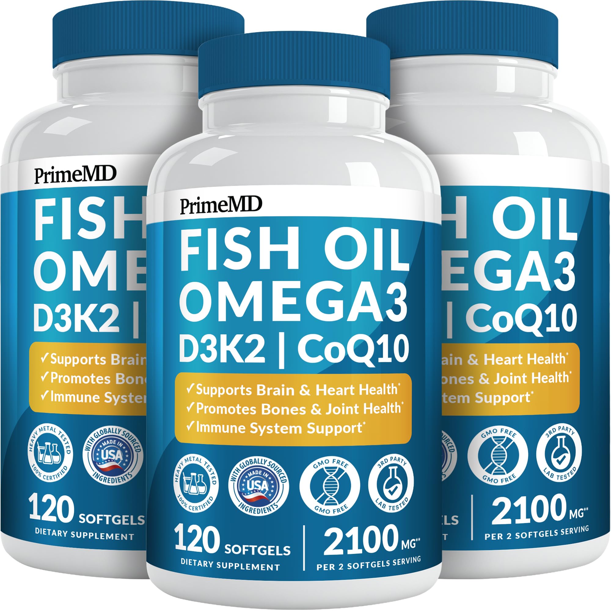 PrimeMD 4-in-1 Fish Oil Omega-3 with D3 K2 CoQ10, Lemon, 120 Softgels | Heart, Brain and Joint Support, Omega 3 with Vitamin D3, K2 and CoQ10, Lemon Flavored Softgels, Fish Oil Supplement