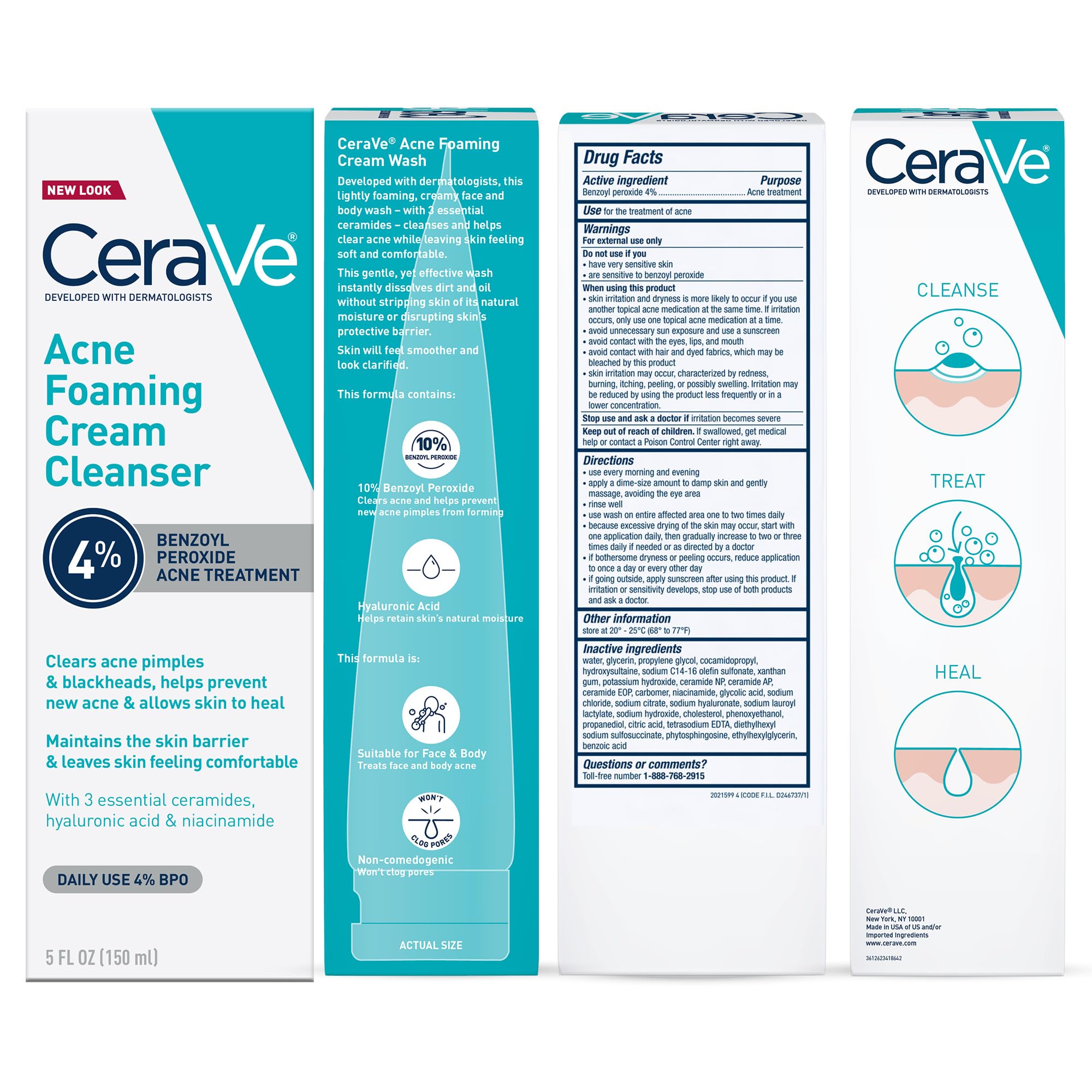 CeraVe Foaming Acne Cream Cleanser, Face Wash with 4% Benzoyl Peroxide, 5oz | Skin Care, Hyaluronic Acid, Niacinamide, Facial Cleanser, Acne Treatment For Face, Face Care, Gentle Cleanser, Ceramides