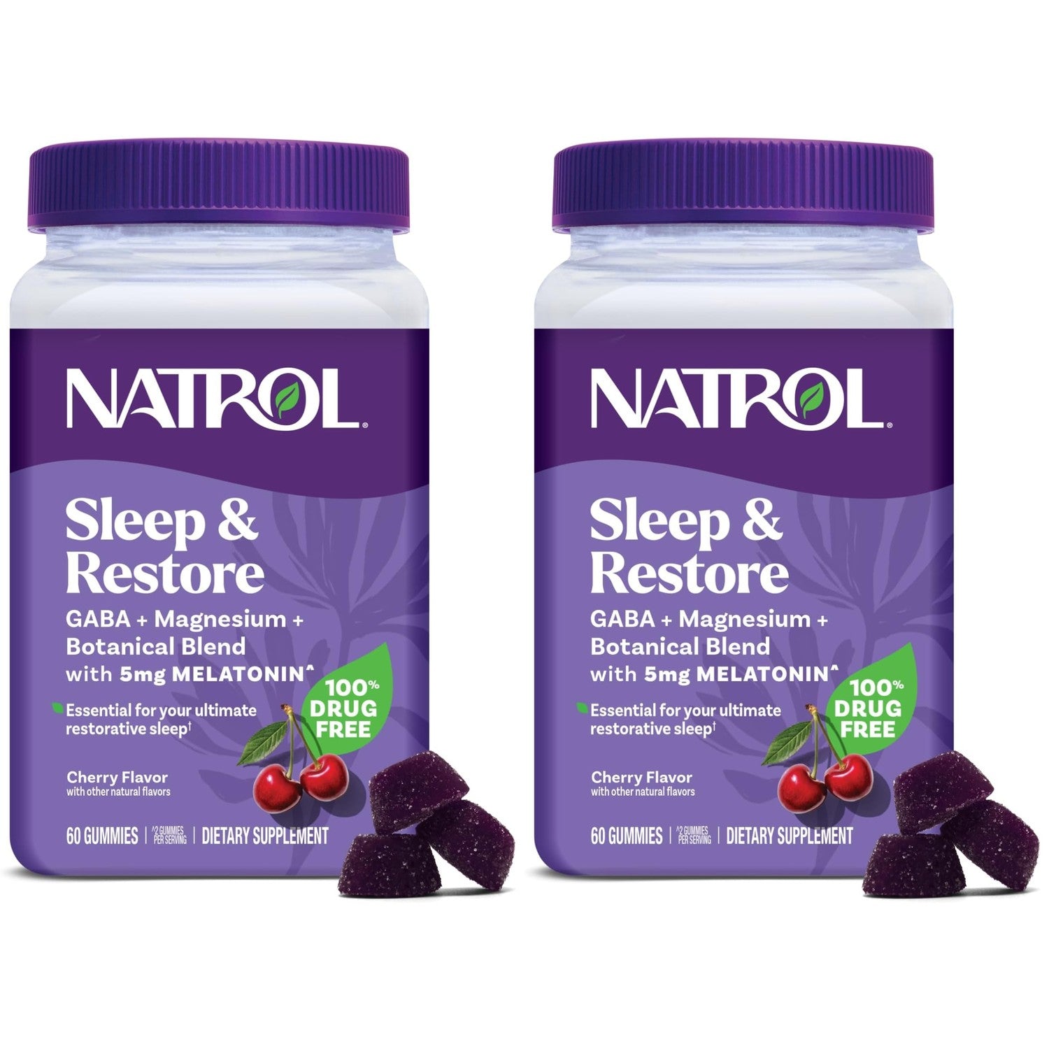 Natrol Sleep & Restore Magnesium Glycinate, GABA, 5mg Melatonin, 60 Gummies | Nighttime Sleep-Aid, Support Relaxation, Calm Magnesium Glycinate, with GABA, Botanical Blend, 100% Drug-Free, Cherry Flavor