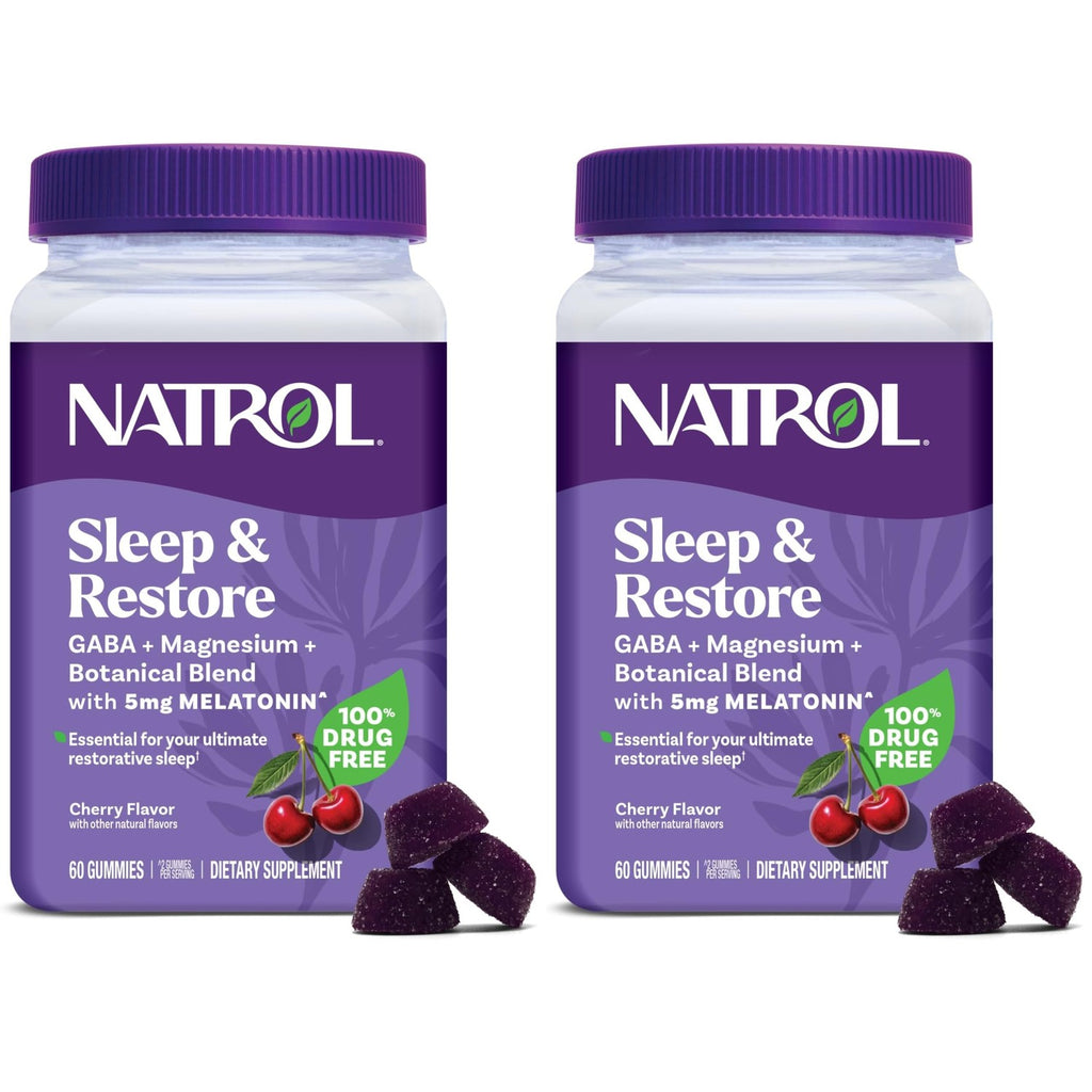 Natrol Sleep & Restore Magnesium Glycinate, GABA, 5mg Melatonin, 60 Gummies | Nighttime Sleep-Aid, Support Relaxation, Calm Magnesium Glycinate, with GABA, Botanical Blend, 100% Drug-Free, Cherry Flavor