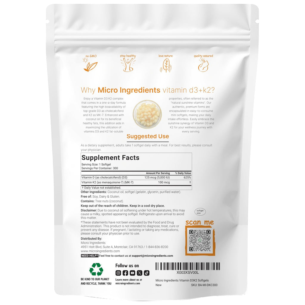 Micro Ingredients Vitamin D3 5,000 IU + K2 MK-7 100 mcg, 300 Softgels | Virgin Coconut Oil | 2-in-1 Support | Easy to Swallow, Non-GMO